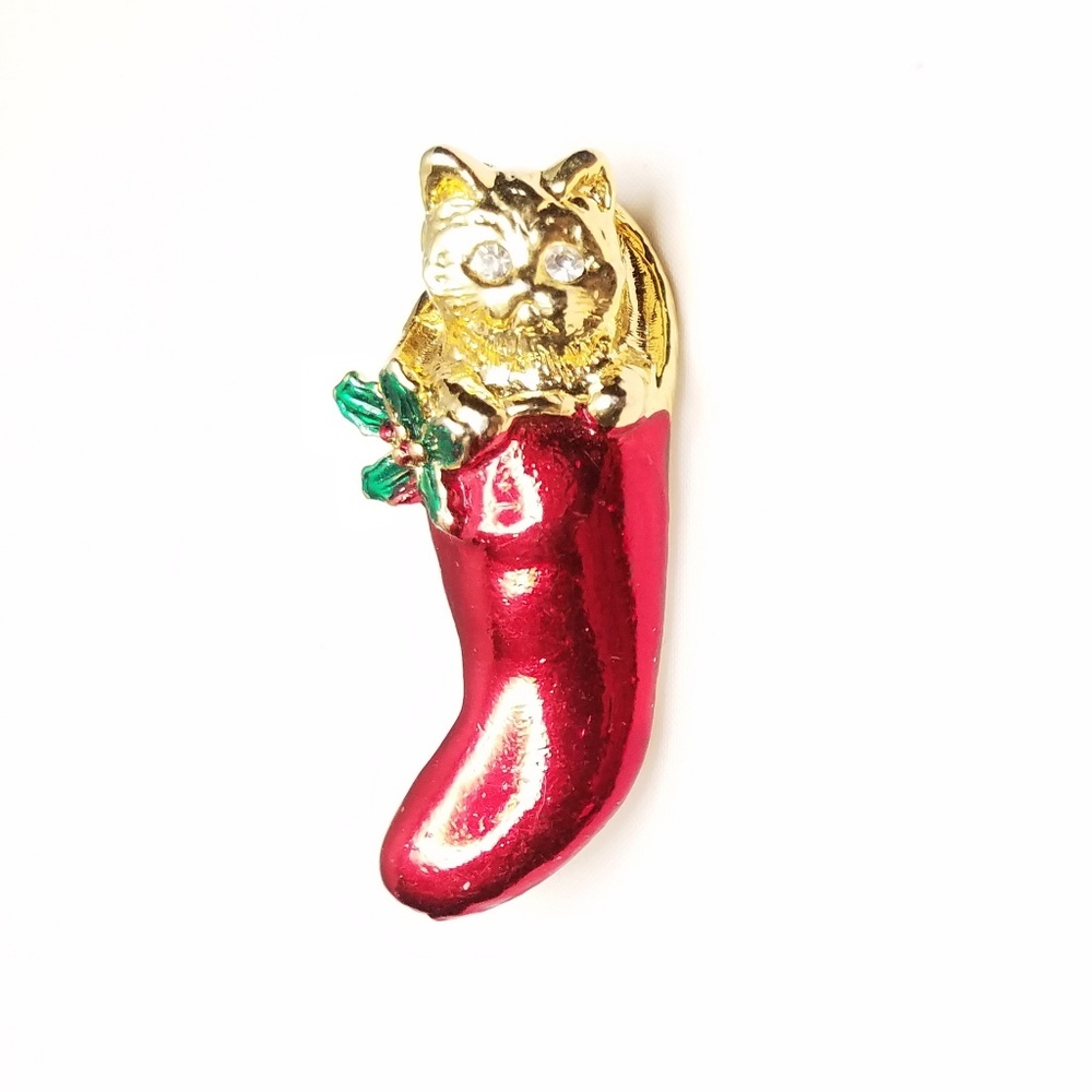 Vtg Retro Kitty Cat Christmas Stocking Brooch Pin